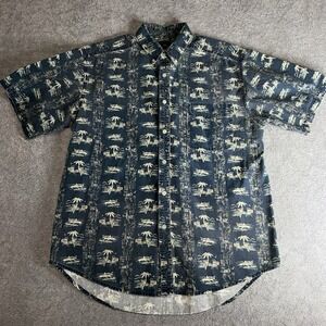VTG Sedgefield Men L Button-Up Shirt Blue Tropical Palm Tree Pineapple Cotton